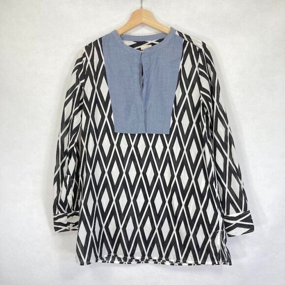 J. Crew Black White Geometric Print With Chambray Bib Cotton Tunic Top S - Picture 1 of 6
